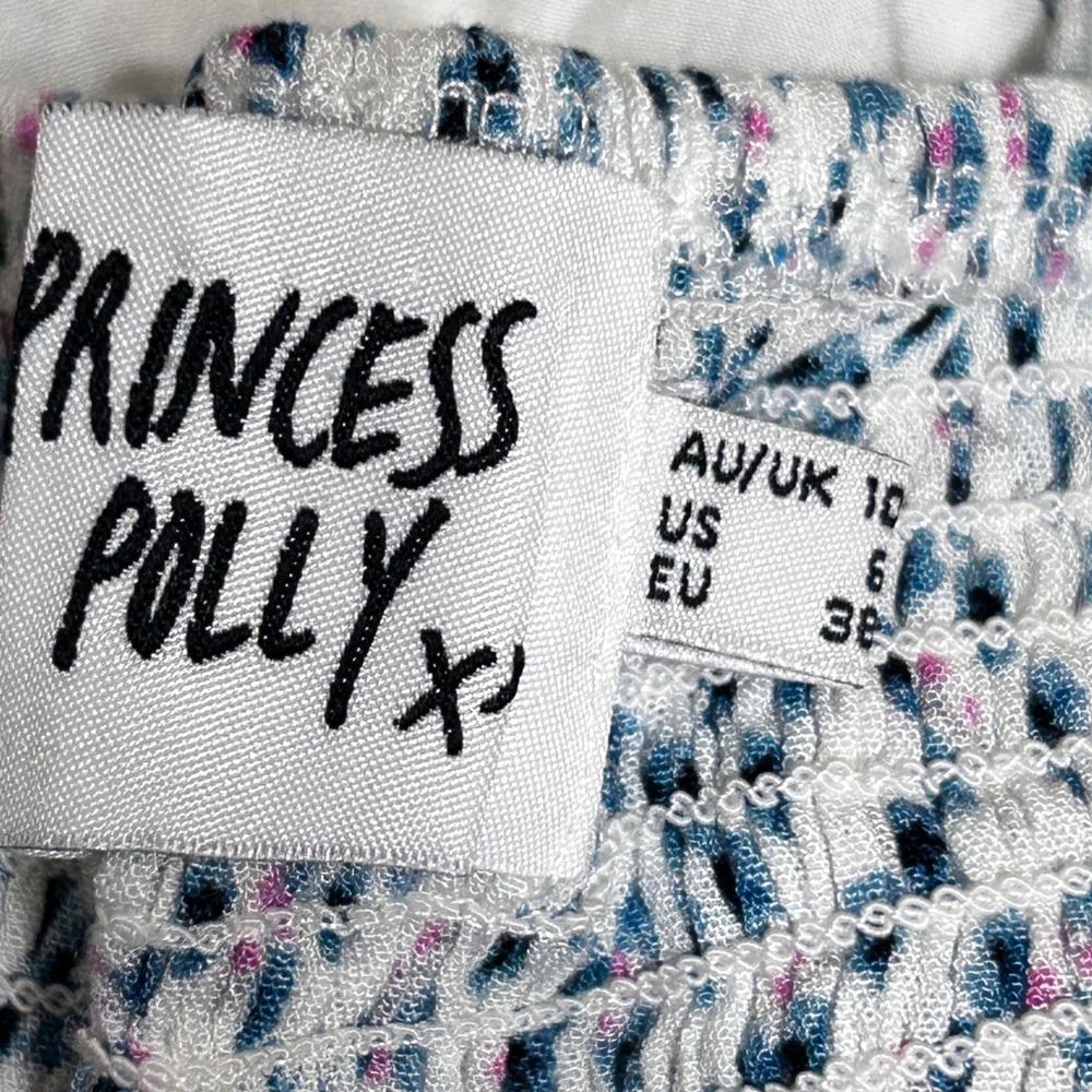 Princess Polly Womens Cottage Coquette Crop Top 6 White Blue Floral Tie Shoulder - Picture 6 of 10